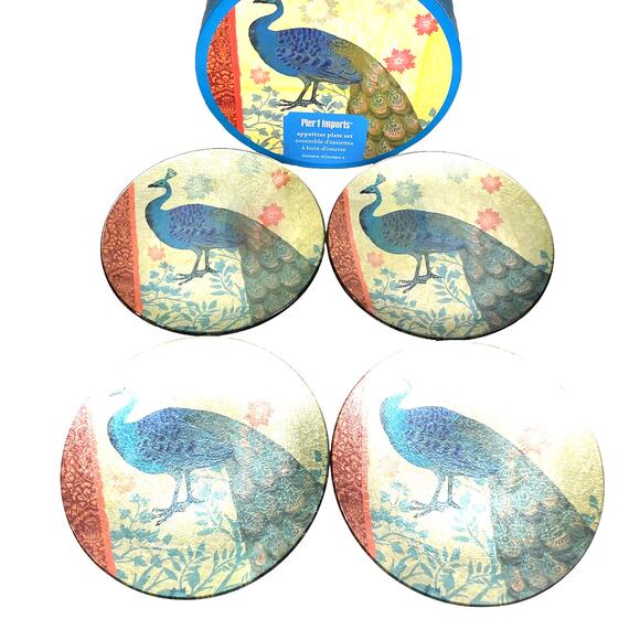 Pier 1 Imports Peacock Plates Appetizer Plates Glass Shimmer Foil Plates Set 4 - Picture 2 of 11
